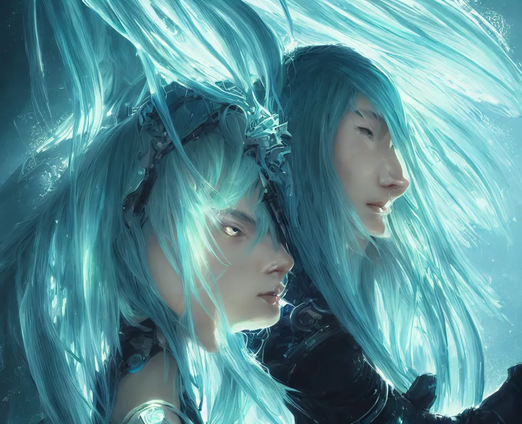 Prompt: portrait light cyan hair ninja gaiden girl, black plus little green ninja wardrobe, at storm snowy fuji mountain sunrise, ssci - fi and fantasy, intricate and very very beautiful, detailed, digital painting, artstation, concept art, smooth and sharp focus, illustration, art by tian zi and wlop and alphonse mucha