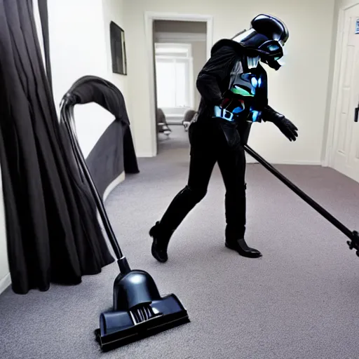 Image similar to a photo of darth vader vacuuming the carpet