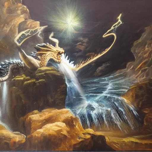 Image similar to oil painting of a dragon flying in the air near a cave with a waterfall in the center, light emanating from the waterfall leading to a big pool of water, dragon has black and white siberian tiger stripes, elegant, sharp focus, wide shot, clear, detailed, early renaissance