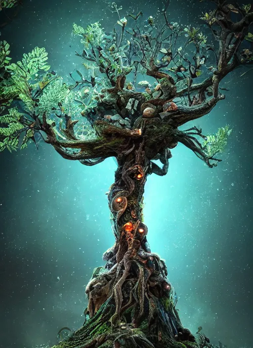 Prompt: friendly Tree Ent on a bioluminescent biome of oddities, oddities everywhere, enchanted, magical, cinematic shot, intricate, ornate, photorealistic, ultra detailed, realistic, 100mm, photography, octane, high definition, depth of field, bokeh, 8k, behance, artstation
