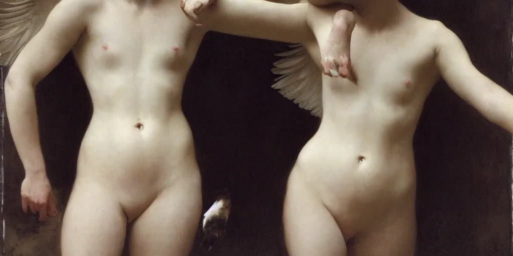 Prompt: a thousand of wings, white swan, feathers, mixed with human arms. by william bouguereau, andrew wyeth and nicola samori. dark atmosphere. dark space