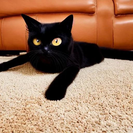 Image similar to a black cat splooting on a cream carpet in front of a brown couch with its eyes unfocused and its tongue out, photography, realistic, cute, adorable