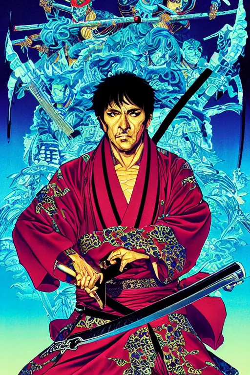 Image similar to poster of tony montana as a samurai, by yoichi hatakenaka, masamune shirow, josan gonzales and dan mumford, ayami kojima, takato yamamoto, barclay shaw, karol bak, yukito kishiro