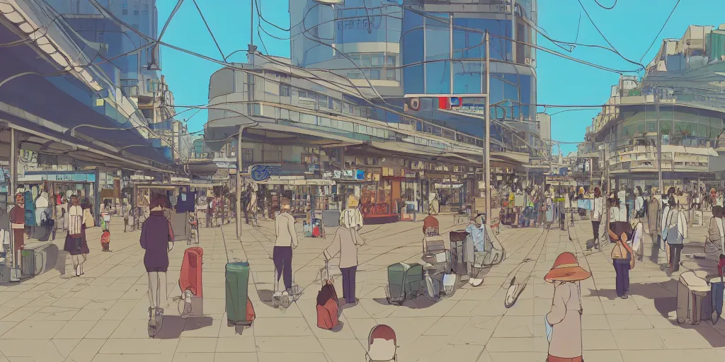 Image similar to an israeli bus station in tel aviv, noon, sunlights, wide shot, digital art, ghibli style, makoto shinkai, flat colors