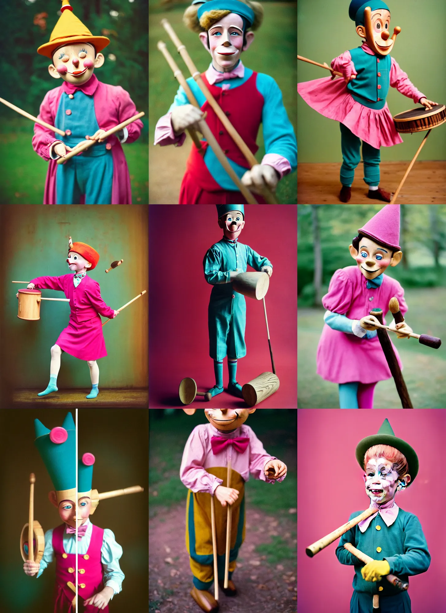 Prompt: kodak portra 4 0 0, 8 k, highly detailed, britt marling style, 3 / 4 photographic close, press award winning colour portrait of a wooden pinocchio. playing marching drum, motion blur, pink, turquoise, up face with 1 9 2 0 s hairstyle, 1 9 2 0 s style, asymmetrical, hasselblad