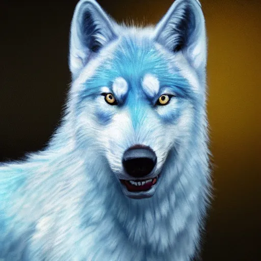 Image similar to pale blue wolf, pale green handkerchief, dark blue hair, dark blue spots, black nose, happy smile having fun, beige ears, beige mane, hyperrealistic, photo realistic, realistic, beautiful white lighting, in the middle of the day, hyperdetailed, very detailed, excellent composition