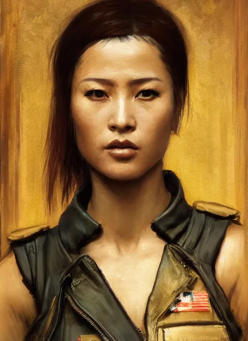 Image similar to Makate. dangerous beautiful cyberpunk female Asian USN marine wearing a military vest and military jumpsuit (cyberpunk 2077, bladerunner 2049). gorgeous face. Iranian orientalist portrait by john william waterhouse and Edwin Longsden Long and Theodore Ralli and Nasreddine Dinet, oil on canvas. Cinematic, hyper realism, realistic proportions, dramatic lighting, high detail 4k