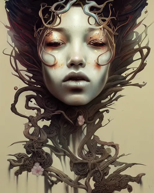 Prompt: fantasy portrait of a woman made of obsidian and smoke, carved Japanese Sakura wood organic overgrowth, peter mohrbacher, artgerm, James Jean