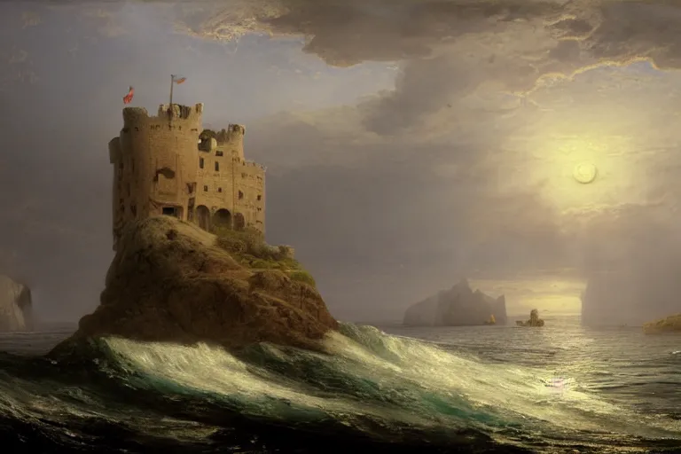 Prompt: an old castle on a seaside cliff. a giant whirlpool in the sea by andreas achenbach and peder balke and martin johnson heade sharp digital painting. dreaming latent space. matte painting, concept art. artstation. digital render. hdr, high dynamic range, global illumination, realistic, 8 k