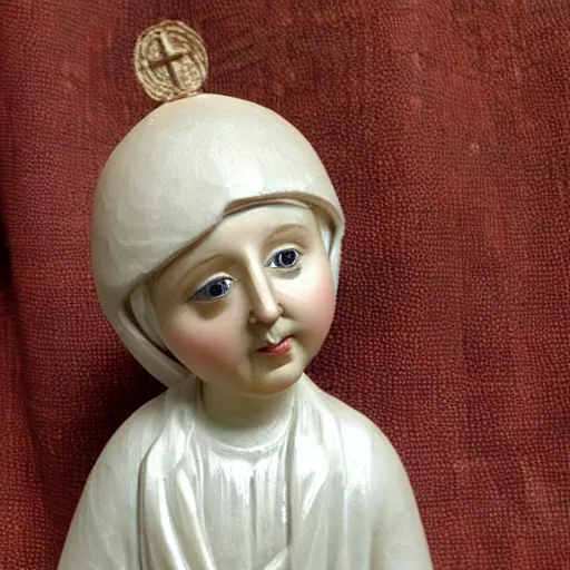 Prompt: holy roman chalkware baby Jesus antique painted sacred Catholic pearlescent coloring