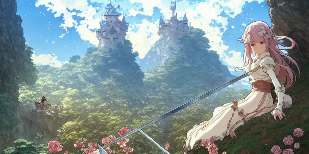 Image similar to the knight and the sword of rose petal, anime, castle core, mountains, rocky roads. by hayao miyazaki and rossdraws and artgerm and greg rutkowski and alphonse mucha and studio ghibli. high quality, stunning, intricate detailed environment. 8 k