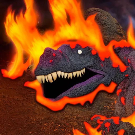 Image similar to Barney the dinosaur gets burned alive from lava coming down a volcano. pain is in his eyes