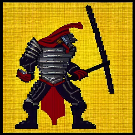 Prompt: Orc male readies his rifle, staring down the telescopic sights. His red and gold cape fluffers in the wind, and his renaissance era armor glistens in the sunshine, pixel art 128x128 MS-DOS Heroes of Might and Magic