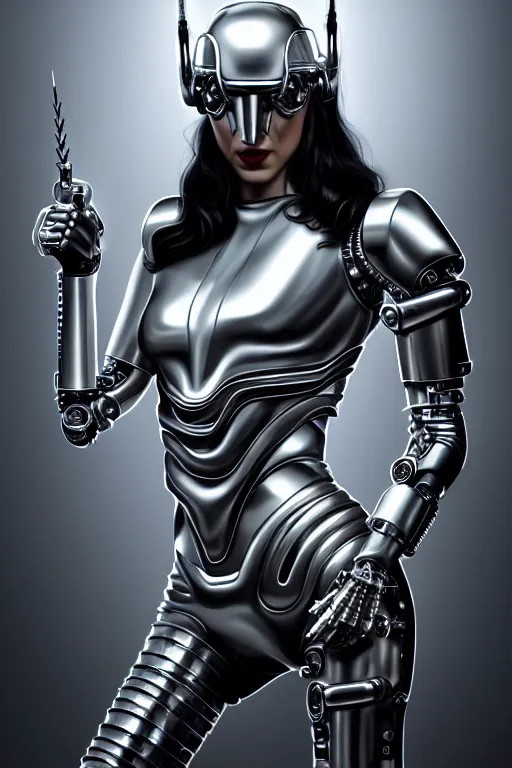 Image similar to female chrome futuristic cyborg with curved metal horns, chrome motorcycle parts, full body, Loki horns, machine background, dark sci-fi, diffuse lighting, fantasy, intricate, elegant, highly detailed, lifelike, photorealistic, digital painting, artstation, illustration, concept art, smooth, sharp focus, art by John Collier and Albert Aublet and Krenz Cushart and Artem Demura and Alphonse Mucha