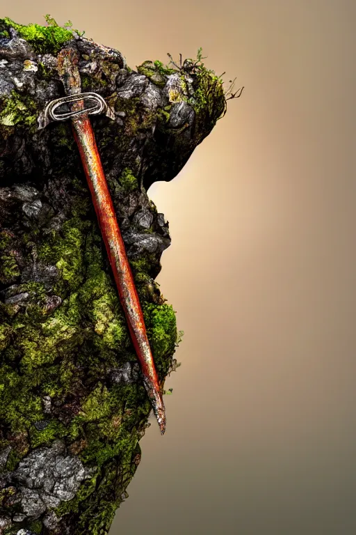 Image similar to a portrait of a rusty sword protruding from a rock, rust and corrosion, moss and vegetation, ancient forest, excalibur, close - up, intricate details, intricately detailed textures, warm lighting, vivid colors, smoke and mist, hyper realistic octane render, volumetric shading, depth of field, raytracing, 8 k,