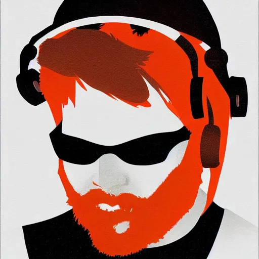 Image similar to streamer on twitch with black hat, stubble, ginger hair, orange hair, black cap, stubbles, red headphones, in the style of tatsuro kiuchi, art, abstract