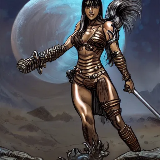 Image similar to a muscular bronze - skinned silver - eyed woman warrior with long black hair, in xena armor, in an arena on a hostile alien planet, highly detailed, mike mignola, trending on art station, illustration, comic book