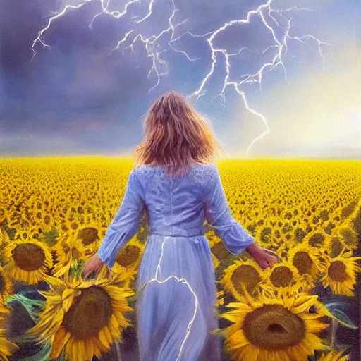 Prompt: a dreamy vision of girl slowly flying over amazing tall sunflower field, hair flowing, fog, early morning lightning, subtle, intricate details, real masterpiece, oil on canvas, by somsak anong
