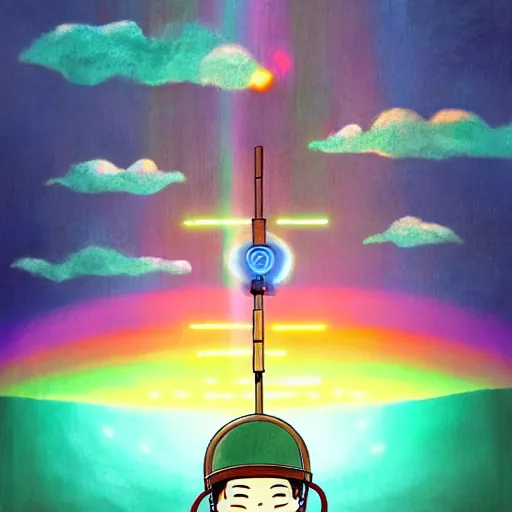 Prompt: a dream machine connected to a boy with a helmet and electric cable with colorfull rays of light illuminate the environment by vanessa morales, studio ghibli,