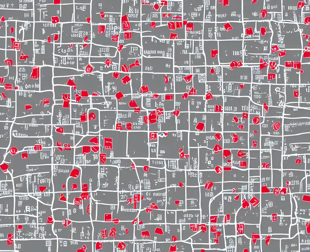 Prompt: tiny red rectangular icons almost completely cover a Muted White on Grey Vector map of a little town, highly detailed