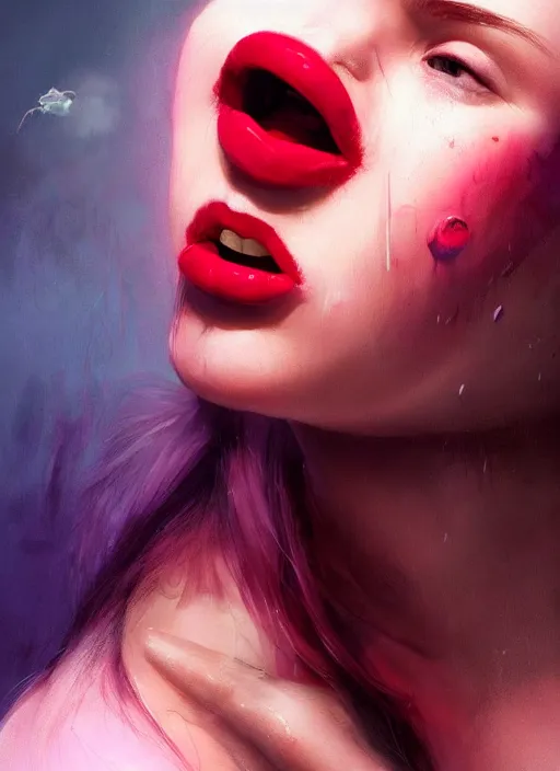 Image similar to profile of sinister girl with pouty aerochrome lips, fungal, unforgivable, cute bandaid on nose!!, expressive eyes, playful pose of a demon, greg rutkowski, charlie bowater, yuumei, stephen gammell, unreal 5, daz, hyperrealistic, octane render, rpg portrait, dynamic lighting, fantasy art, beautiful face