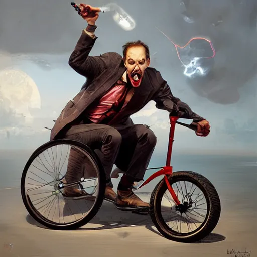 Prompt: hyper realistic absurd, silly, making insane faces, steve buscemi / john waters riding a tiny tricycle, painted by greg rutkowski, wlop, artgerm, dishonored 2, half life 2