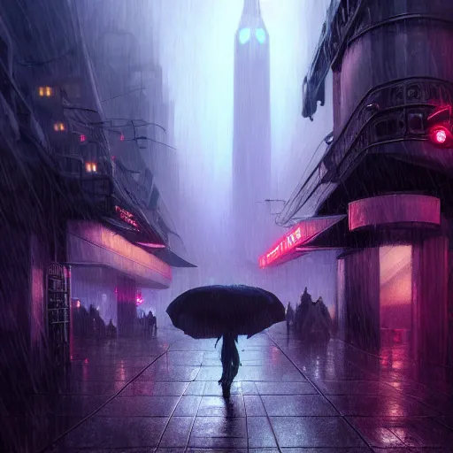 Image similar to Rain at night in a cyberpunk city, fantasy, medieval, vivid colrs, elegant, concept art, sharp focus, digital art, Hyper-realistic, 4K, Unreal Engine, Highly Detailed, HD, Dramatic Lighting by Brom, trending on Artstation