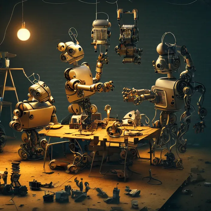 Image similar to crew of robot - workers building giant mouse - movie prop - head in quaint workshop, octane render, 4 k ultra hd, hyper - detailed, realistic, seedy lighting, sharp focus, in style of beeple