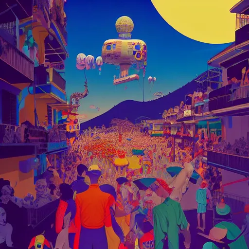 Image similar to carnival in rio de janiero by paolo eleuteri serpieri and tomer hanuka and chesley bonestell and daniel merriam and tomokazu matsuyama, unreal engine, high resolution render, featured on artstation, octane, 8 k, highly intricate details, vivid colors, vector illustration