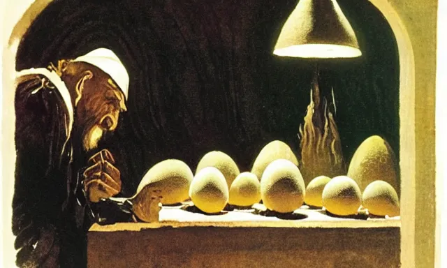 Prompt: Pensive Wizard examines eggs with calipers, by Homer Winslow