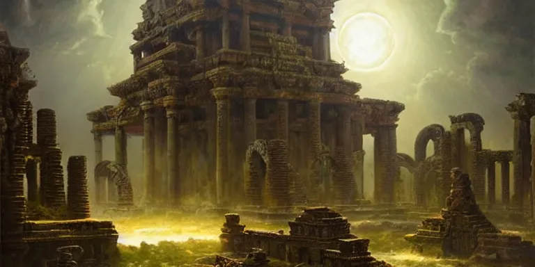 Image similar to beautiful hyperrealistic spectacular painting of the mysterious intricate ruins of the mysterious ancient temple, an advanced technology timemachine with a green - glowing - crystal from the future is inside the temple, by hubert robert and lee madwick and bastien lecouffe - deharme, dramatic moonlight lighting, advanced technology