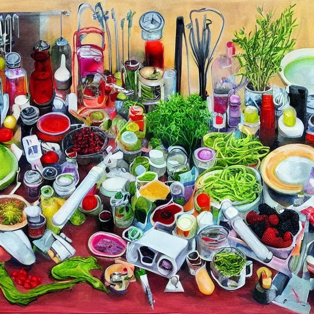 Prompt: fresh asian vegetables, sensual, self - portrait of a female art student, surgical equipment, berry juice drips, pancakes, berries, bones, defibrillator, electrical wires, battery, oxygen tank, scientific glassware, seedlings, bones, art supplies, candles dripping wax, neo - impressionist, surrealism, acrylic and spray paint and oilstick on canvas