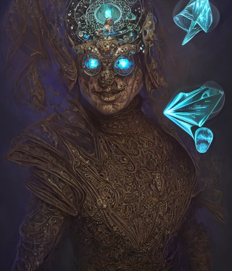 Image similar to front!!! shot of a court jester!!! character, hyperdimensional, bioluminescent hypercubes, dark holography!!!, future, chrome, (((intricate))), elegant, highly detailed, centered, (((artstation, concept art, smooth, sharp focus, artgerm, Tomasz Alen Kopera, Peter Mohrbacher, donato giancola, Joseph Christian Leyendecker, WLOP, Boris Vallejo))), mugshot!!!!!, ugly!!!!!!, octane render, nvidia raytracing demo, octane render, nvidia raytracing demo, octane render, nvidia raytracing demo, grainy, muted, 8K, digitalblasphemy, metatron