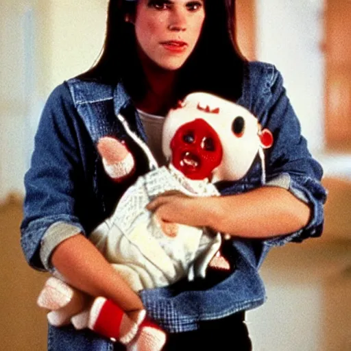 Prompt: Neve Campbell holding Chucky the killer doll