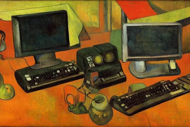 Image similar to still life painting of vintage computers by Paul Gauguin, oil on canvas, strong lighting, highly detailed, hyper realism, HD, 4K