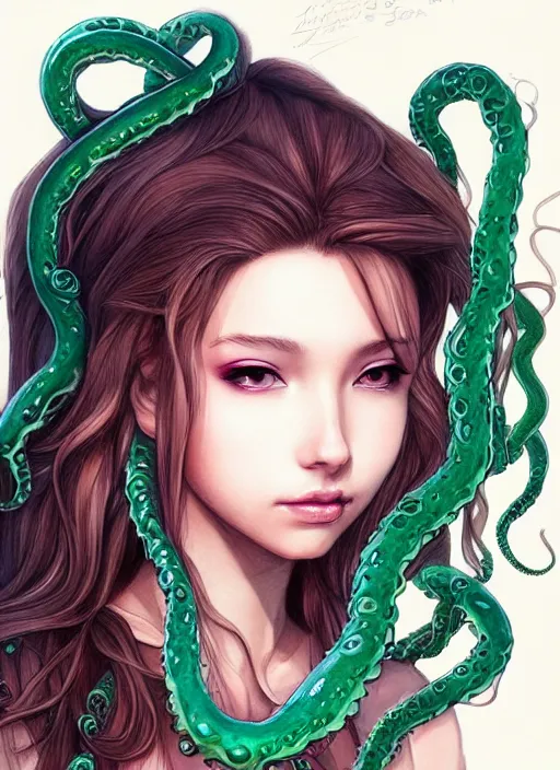 Prompt: bemused to be enveloped in slimey tentacles Aerith Gainsborough  portrait looking straight on, complex artistic color ink pen sketch illustration, full detail, gentle shadowing, fully immersive reflections and particle effects, concept art by Artgerm