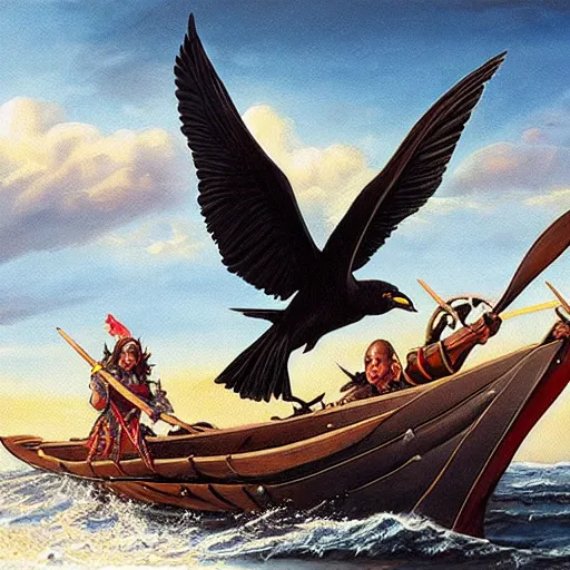 Image similar to a black bird standing at the helm of a wooden rowboat filled with dnd fighters sailing towards a ancient sailboat, painting by artgerm and Jeff Easley