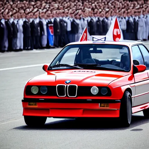 Image similar to bmw m 3 e 3 0 painted like north korean flag, in north korean parade