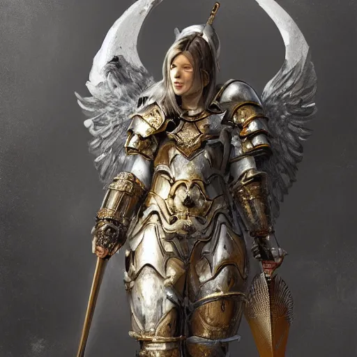 Image similar to an angelic warrior in heavy armor, au naturel, hyper detailed, digital art, trending in artstation, cinematic lighting, studio quality, smooth render, unreal engine 5 rendered, octane rendered, art style by klimt and nixeu and ian sprigger and wlop and krenz cushart intricate artwork by Tooth Wu and wlop and beeple. octane render, trending on artstation, greg rutkowski very coherent symmetrical artwork. cinematic, hyper realism, high detail, octane render