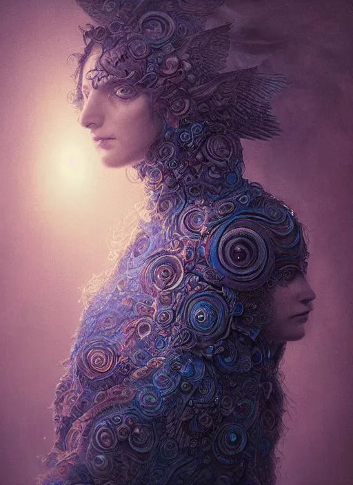 Image similar to Her huge ominous glowing blue eyes staring into my soul , perfect eyes, intricate stunning highly detailed, agostino arrivabene, WLOP, twisted dark lucid dream, 8k portrait render, raven angel wings, swirling thick smoke , beautiful lighting, dark fantasy art, cgsociety