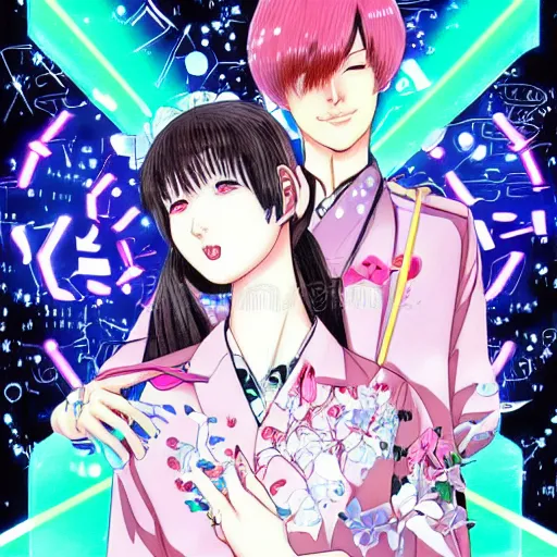 Image similar to ai yazawa and yukito kishiro cover illustration of symmetrical portrait of woman in a steetwear illustration of cute cool fashion worn in the far future with glowing led lights and plants, futuristic!!! haute couture fashion!!!!, nanotechnology and cybernetics!!! and solar power and prosthetic, detailed elegant manga illustration intaglio