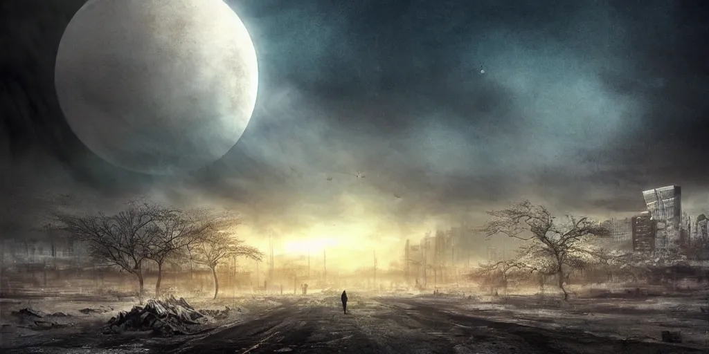 Image similar to nuclear winter, jakarta, near future, fantasy, sci - fi, hyper realistic, serene.