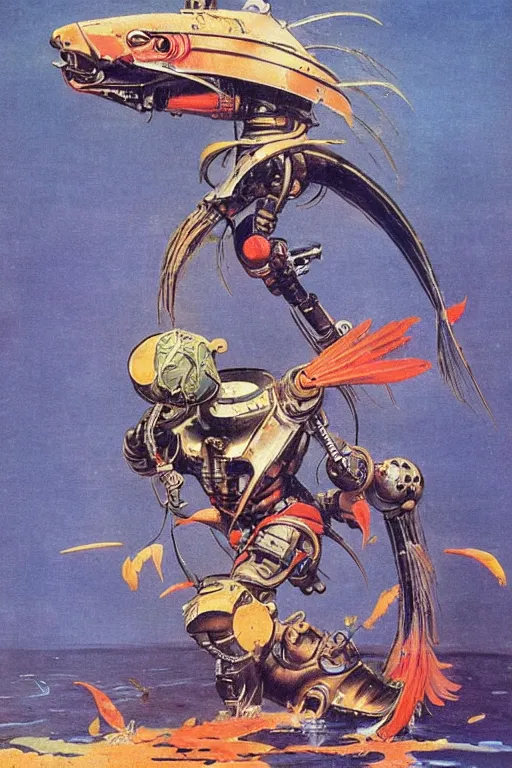 Prompt: a koi fish fighter robot by Frank Frazetta