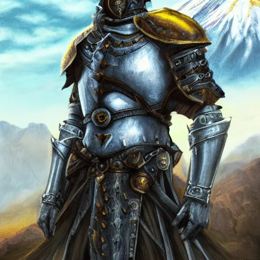 Image similar to realistic portrait of a pale yellow knight in front of mount kilimanjaro, gothic style, festive colors, digital art, trending on artstation, high quality, extreme detail, high quality, hyperdetailed