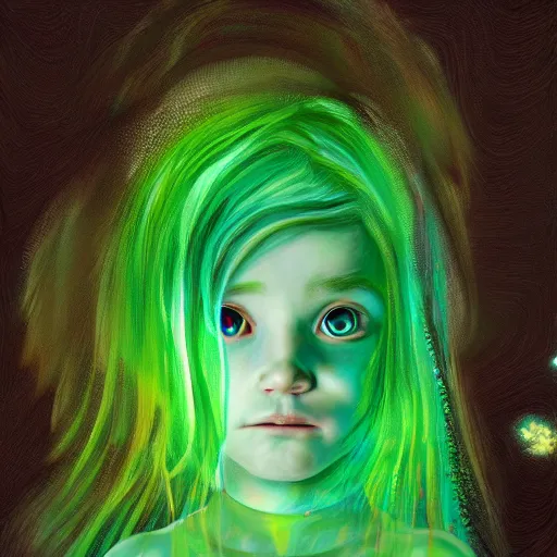 Prompt: glitchy child with green hair, lost soul, reflection, pov, ultra hd, artstation, high detail, digital art, oil on canvas