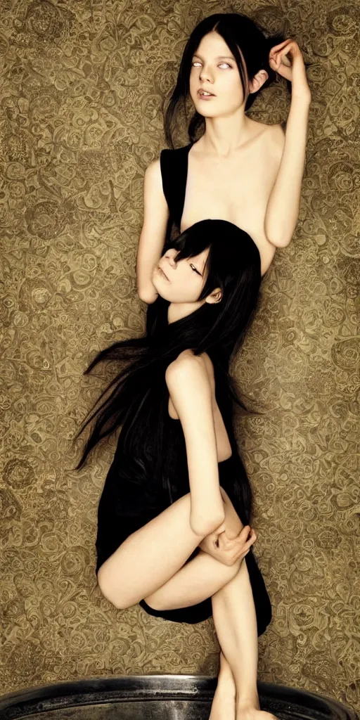 Image similar to photo of lonely young girl エウリン with straight long black hair wearing black dress that sitting on bathroom floor, photo made by mario testino and vanessa beecroft, model エリサヘス ・ セイモア from acquamodels. com, render by artgem and alphonse mucha for capcom co, resident evil