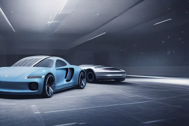 Image similar to futuristic ( porsche designed by apple ) on a track, natural light, detailed, canon eos c 3 0 0, ƒ 1. 8, octane render, 3 5 mm, 8 k, medium - format print, blue light accents