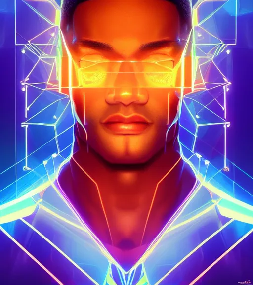 Image similar to symmetry!! egyptian prince of technology, solid cube of light, hard edges, product render retro - futuristic poster scifi, lasers and neon circuits, brown skin man egyptian prince, intricate, elegant, highly detailed, digital painting, artstation, concept art, smooth, sharp focus, illustration, dreamlike, art by artgerm