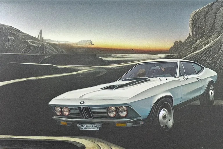 Image similar to intricate, 3 d, 1 9 6 7 bmw m 1 chevelle, style by caspar david friedrich and wayne barlowe and ted nasmith.