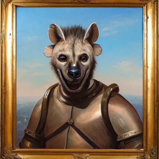 Prompt: A very detailed oil painting of an anthropomorphic hyena dressed like a Hoplite, Ancient Greece, backlit, very beautiful painting